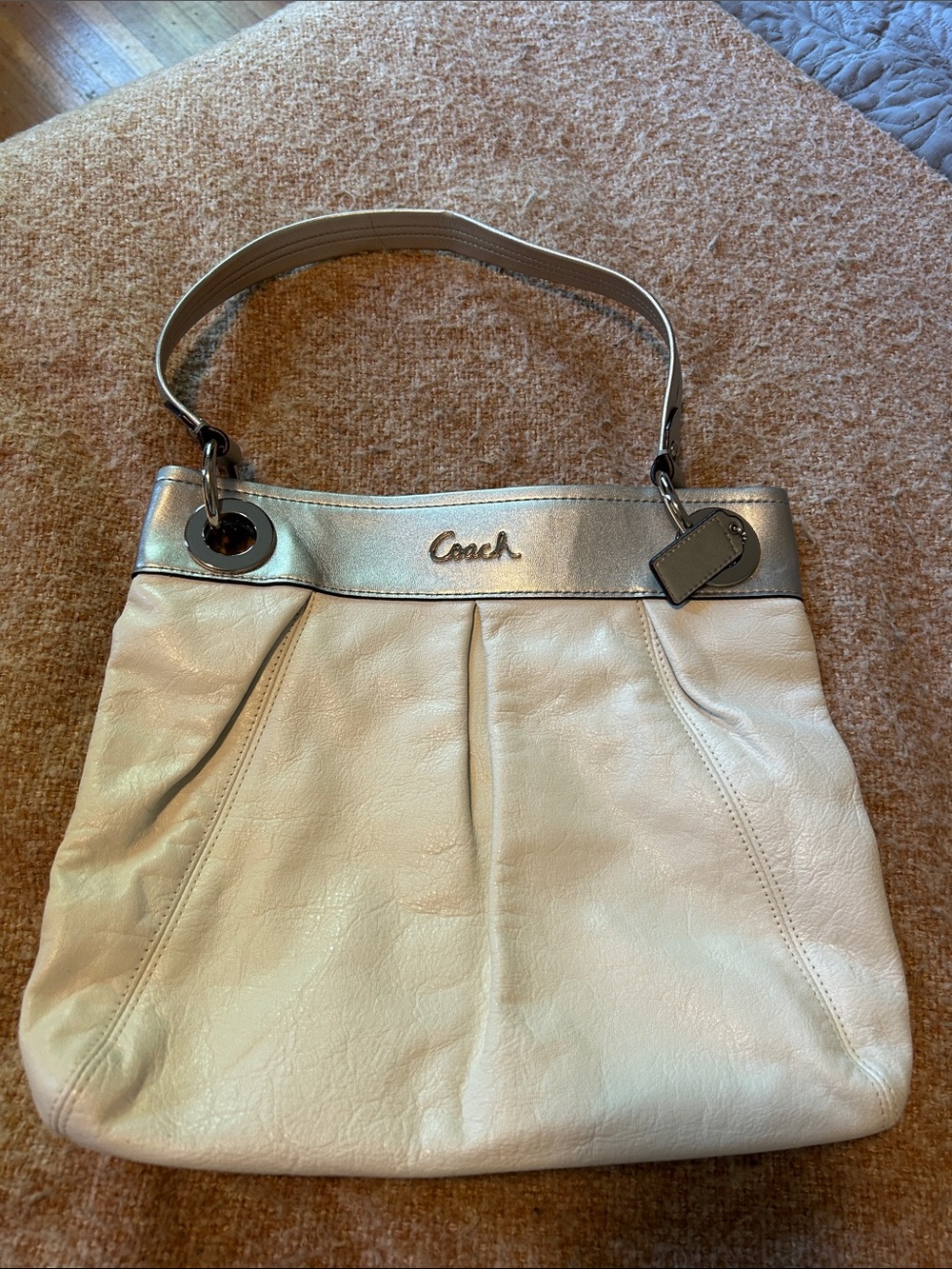 Coach Ashley Hippie Pleated Leather Shoulder Bag - White and Silver